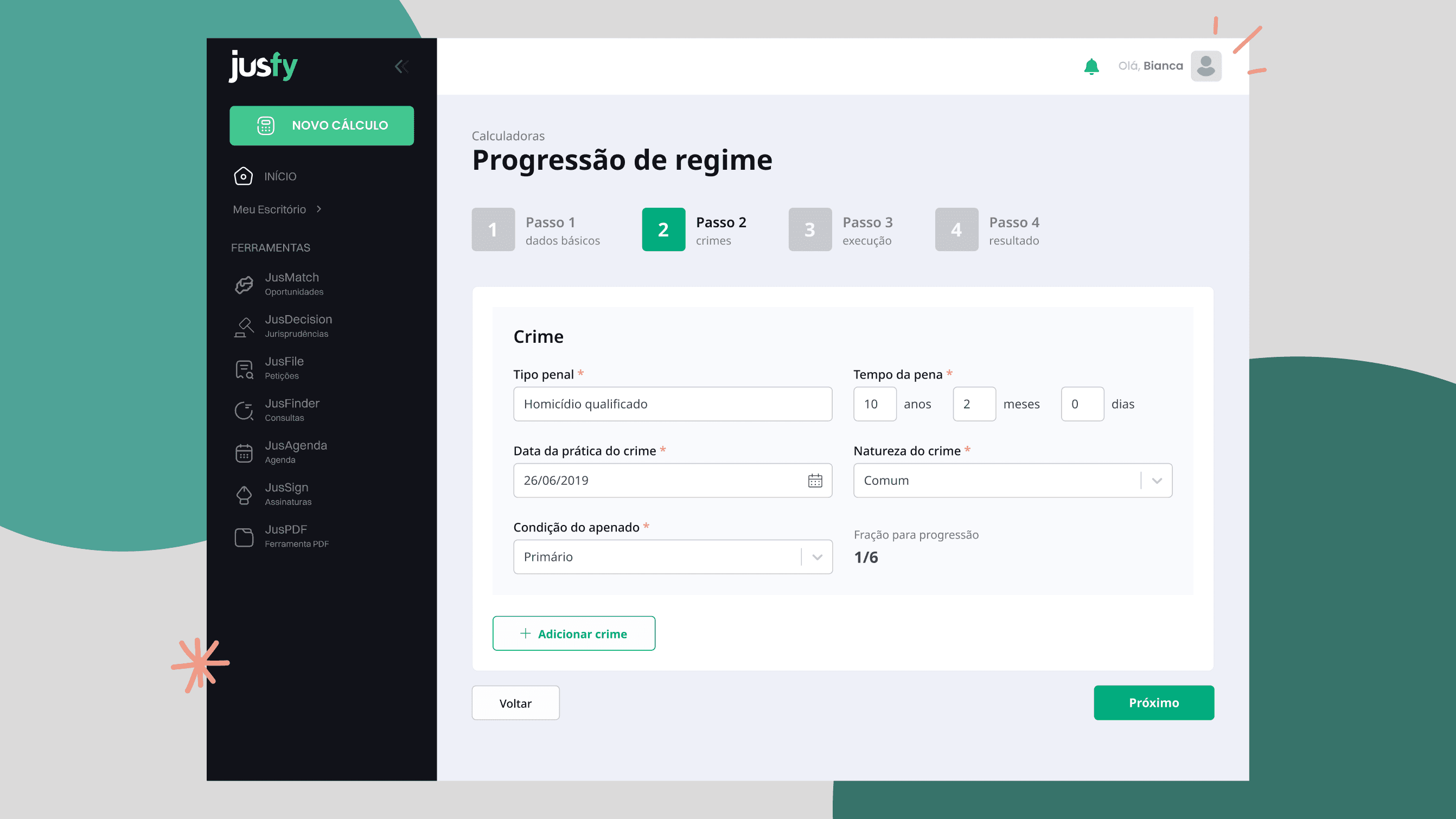 Passo 2 da Calculadora de Progressão de Regime, em que se pode adicionar mais de um crime e os detalhes de cada um deles: tipo penal, tempo da pena, data e natureza do crime e condição do apenado. Quando essas informações são preenchidas, a calculadora mostra automaticamente a fração para progressão.